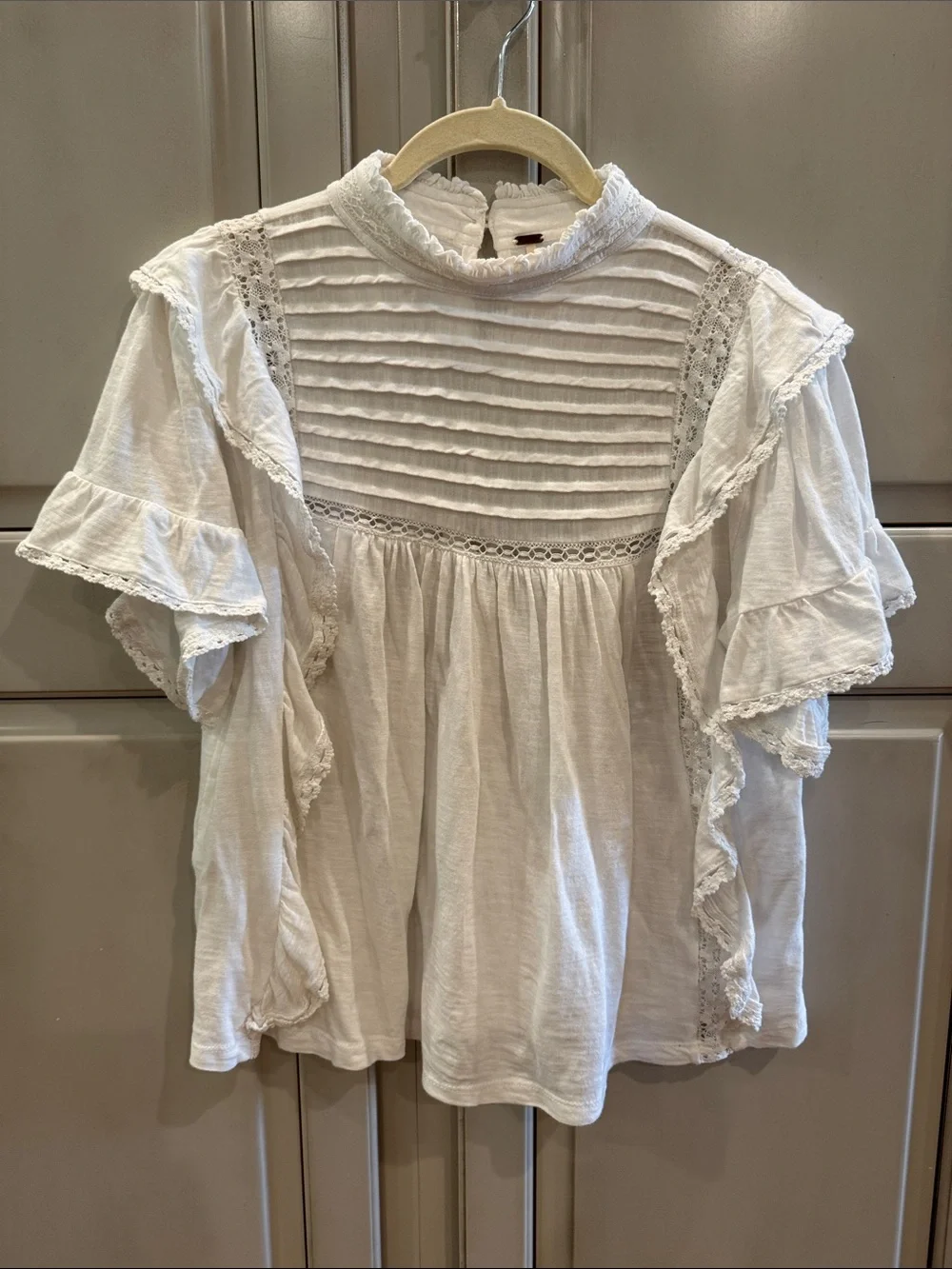 Free People White Ruffle & Pintuck Lace Blouse